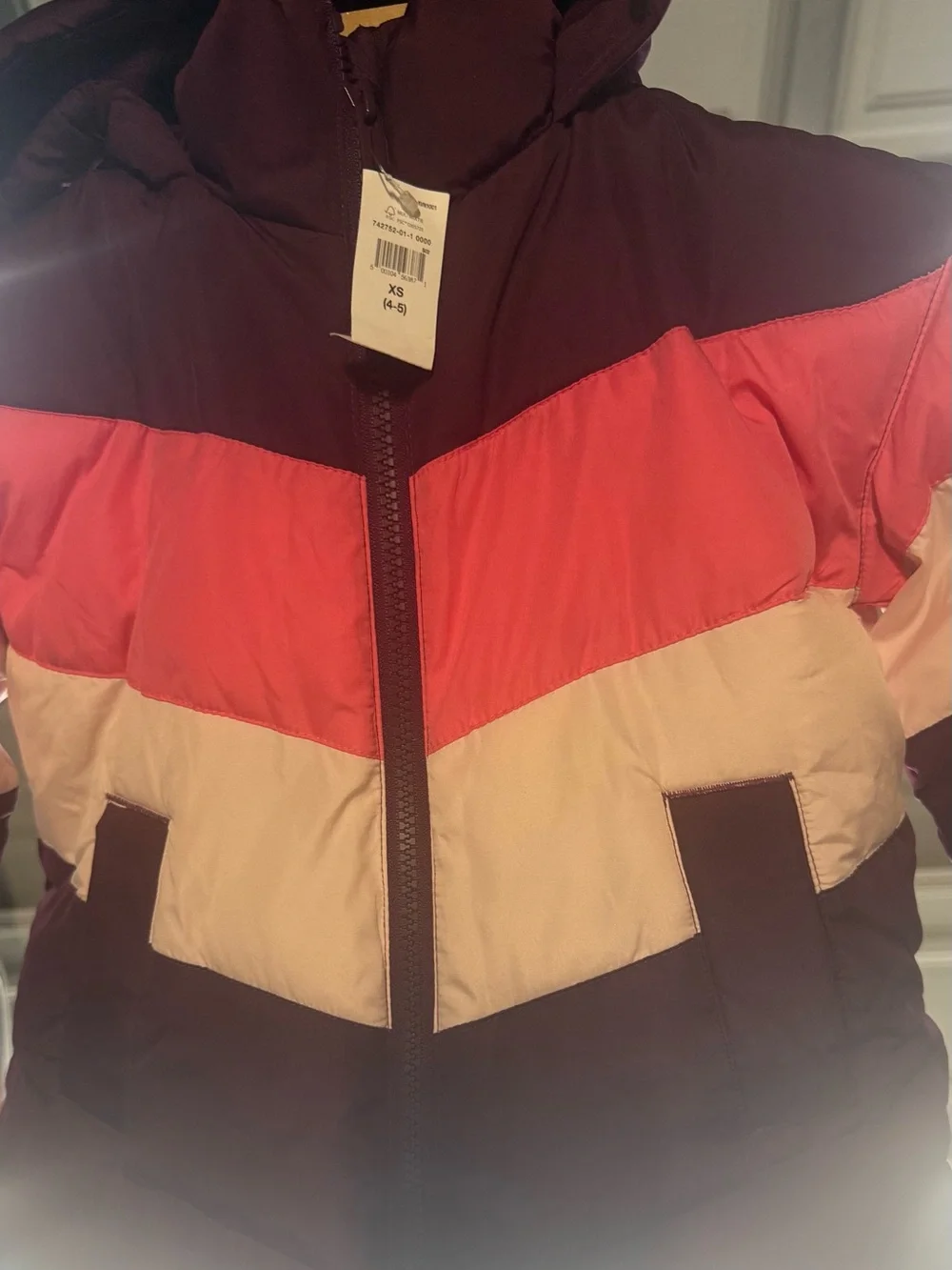 GAP Colorblock Puffer Jacket in Burgundy, Coral & Cream